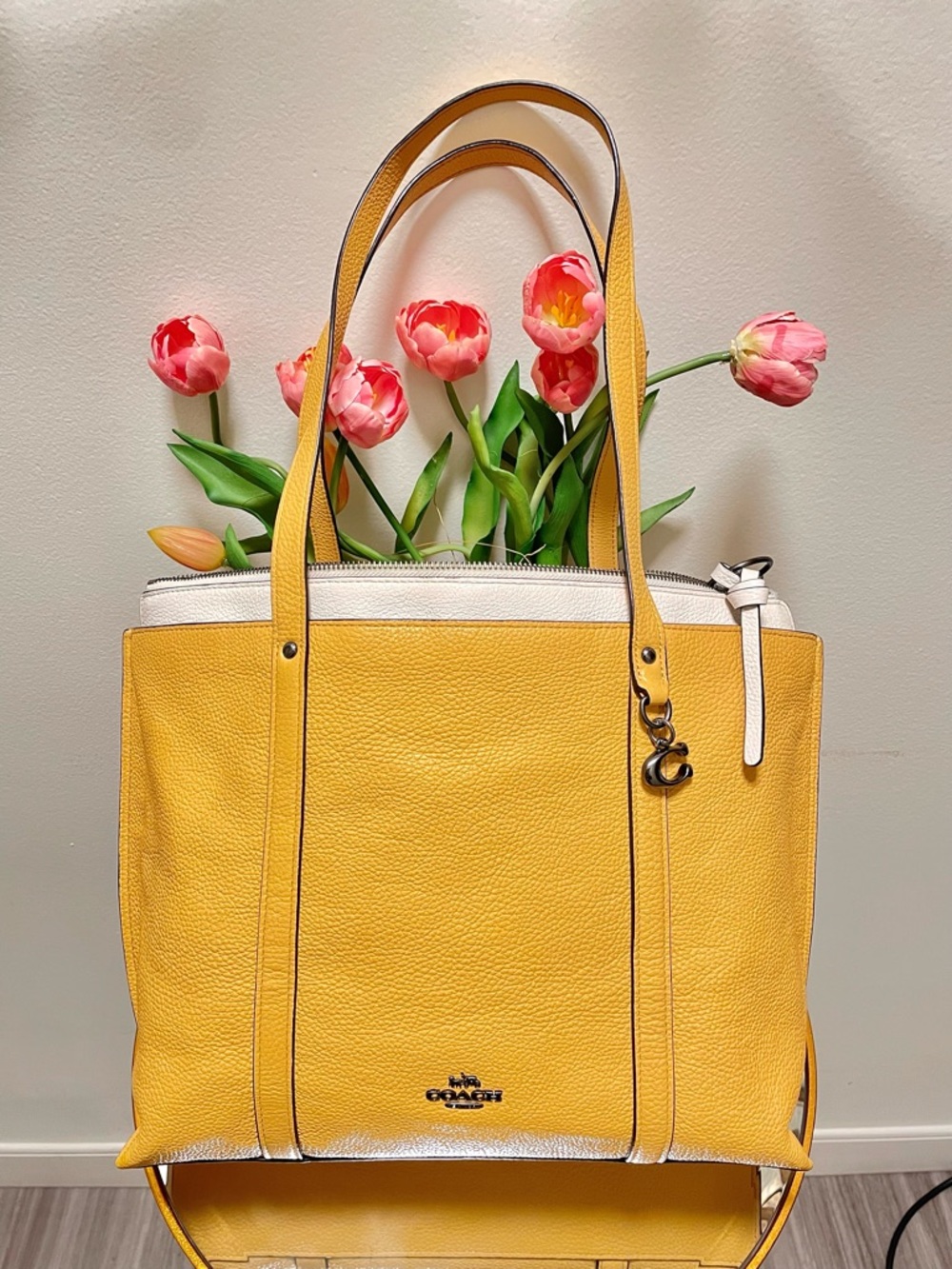 Coach Genuine Leather pebble large two toned yellow white May Tote Bag - Picture 3 of 16